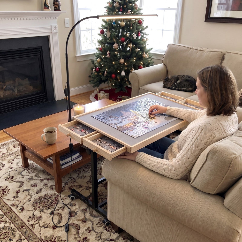 Puzzling at the Pieceful table on the couch