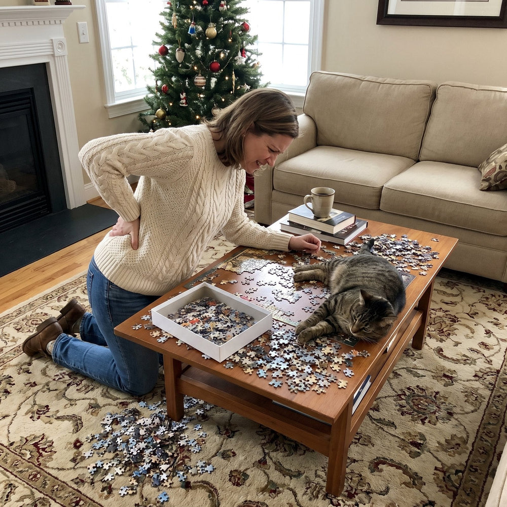 Puzzling hunched over the coffee table