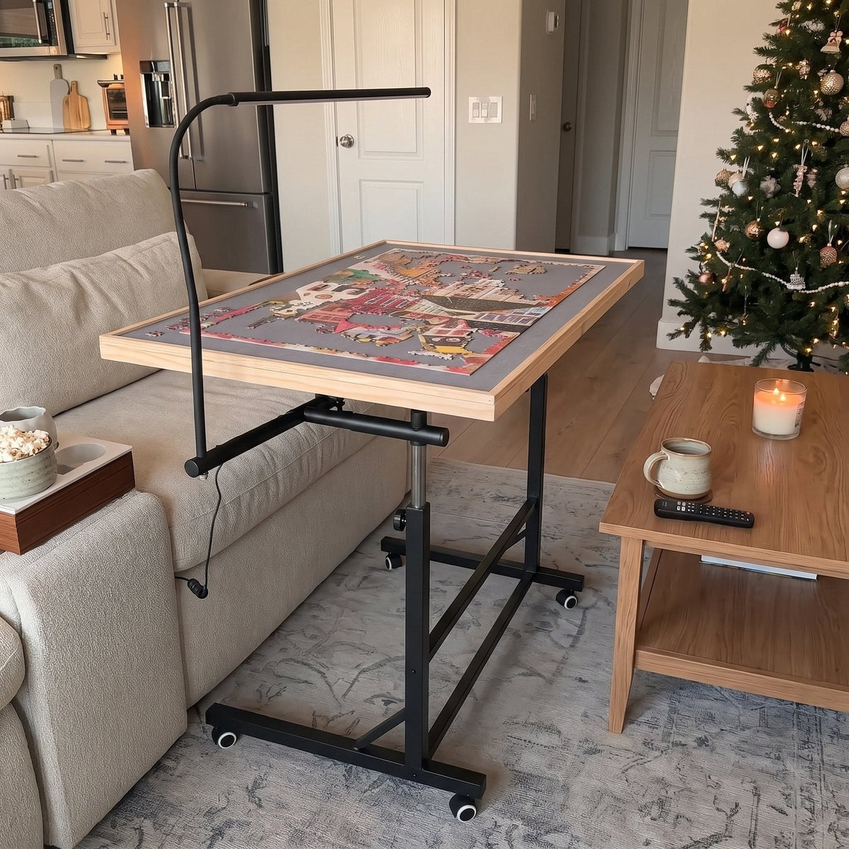Table rolled aside with the puzzle still on it